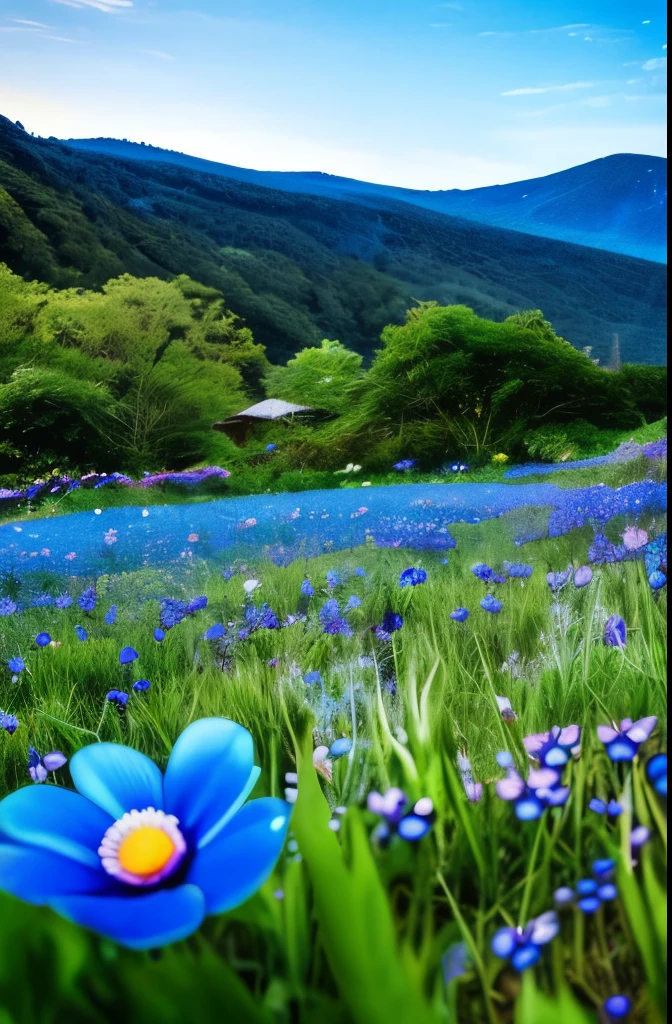 there are three blue flowers that are growing in the grass, a portrait by Hans Schwarz, flickr, fine art, anemones, indigo blooming flowers garden, blue flowers, anemone, vibrant but dreary blue, brilliant royal blue, vibrant blue, blue flowers bloomed all over, blues. beautiful, rich blue colors, blue and violet, blue and purple