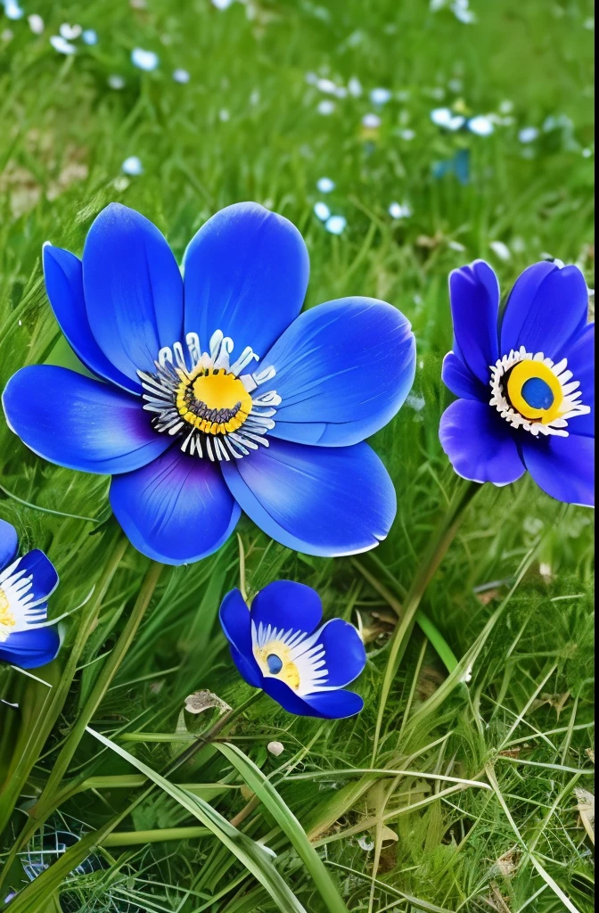 there are three blue flowers that are growing in the grass, a portrait by Hans Schwarz, flickr, fine art, anemones, indigo blooming flowers garden, blue flowers, anemone, vibrant but dreary blue, brilliant royal blue, vibrant blue, blue flowers bloomed all over, blues. beautiful, rich blue colors, blue and violet, blue and purple