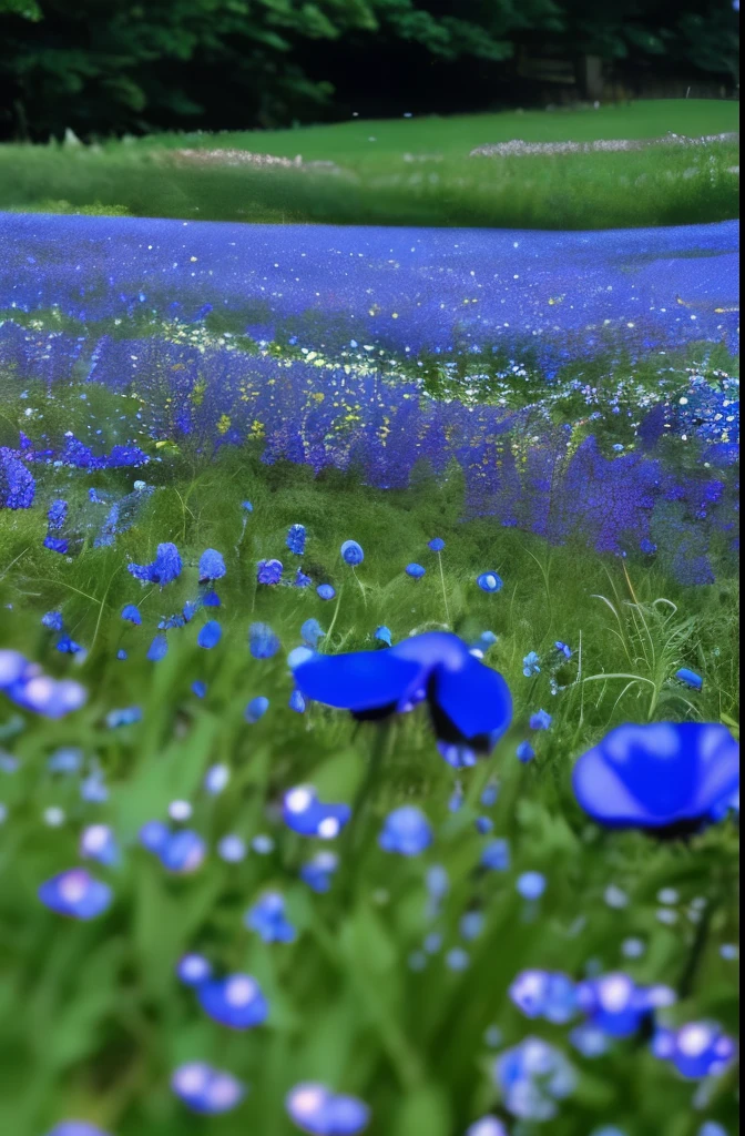 there are three blue flowers that are growing in the grass, a portrait by Hans Schwarz, flickr, fine art, anemones, indigo blooming flowers garden, blue flowers, anemone, vibrant but dreary blue, brilliant royal blue, vibrant blue, blue flowers bloomed all over, blues. beautiful, rich blue colors, blue and violet, blue and purple