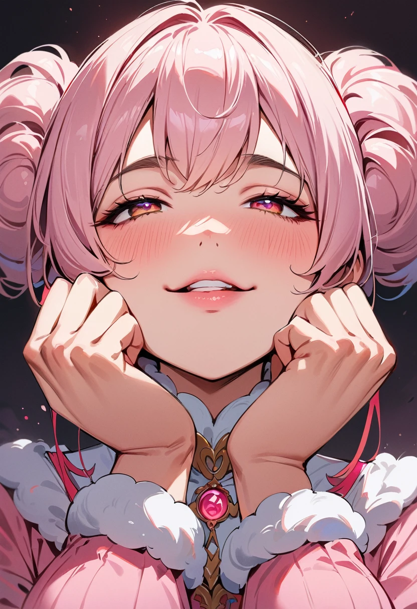 (masterpiece, best quality:1.4), 1 girl, 独奏, Pink love pupils, Blurred eyes, Smile, Look up and down, Pink lower lip, Holding face with hands, Pink short hair, Fluffy hairstyle,  Royal sister, Huge breasts, Pink sweater, Vision, black background.