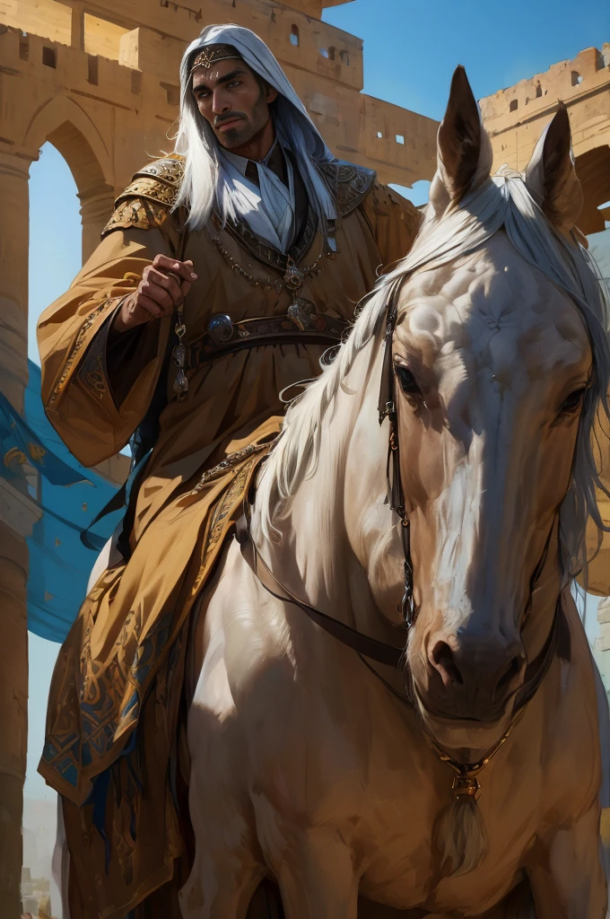 The Middle Ages, the ancient Arab state, the magnificent ancient Arab palace. Tall, handsome, stately, courageous, majestic man, tanned skin, beautiful appearance, long straight platinum hair, blue eyes, athletic build, dressed in ancient Arab clothes, beautiful figure. Realistic image. Masterpiece, perfect image, realistic photos, full-length image, 8K, detailed image, extremely detailed illustration, a real masterpiece of the highest quality, with careful drawing.HD
