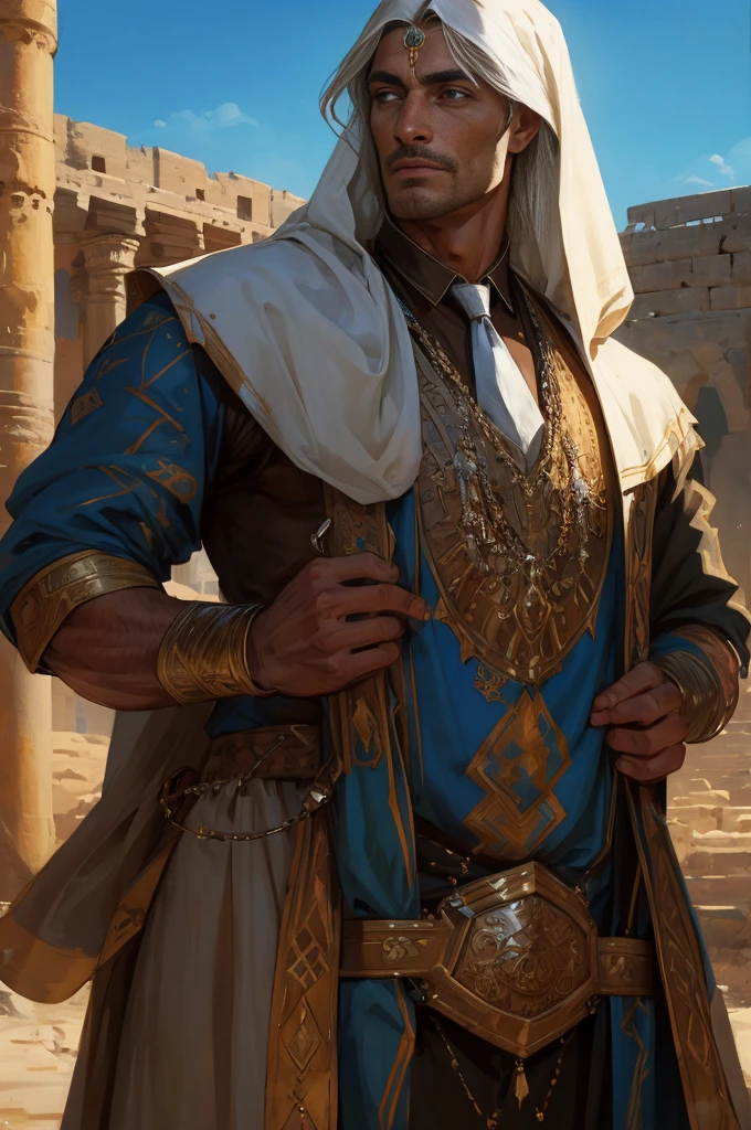 The Middle Ages, the ancient Arab state, the magnificent ancient Arab palace. Tall, handsome, stately, courageous, majestic man, tanned skin, beautiful appearance, long straight platinum hair, blue eyes, athletic build, dressed in ancient Arab clothes, beautiful figure. Realistic image. Masterpiece, perfect image, realistic photos, full-length image, 8K, detailed image, extremely detailed illustration, a real masterpiece of the highest quality, with careful drawing.HD