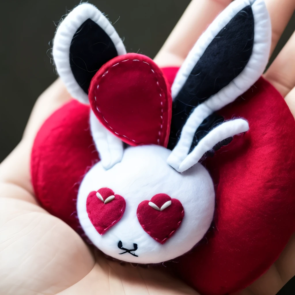 a close up of a stuffed animal with a heart on it, a photo by Anita Kunz, flickr, lowbrow, very detailed felt plushie, felt, bunnypunk, made of felt and cloth and beads, evil. vibrant colors. cute, creepy!!, etsy, springtrap, plush, cute anthropomorphic bunny, plushie