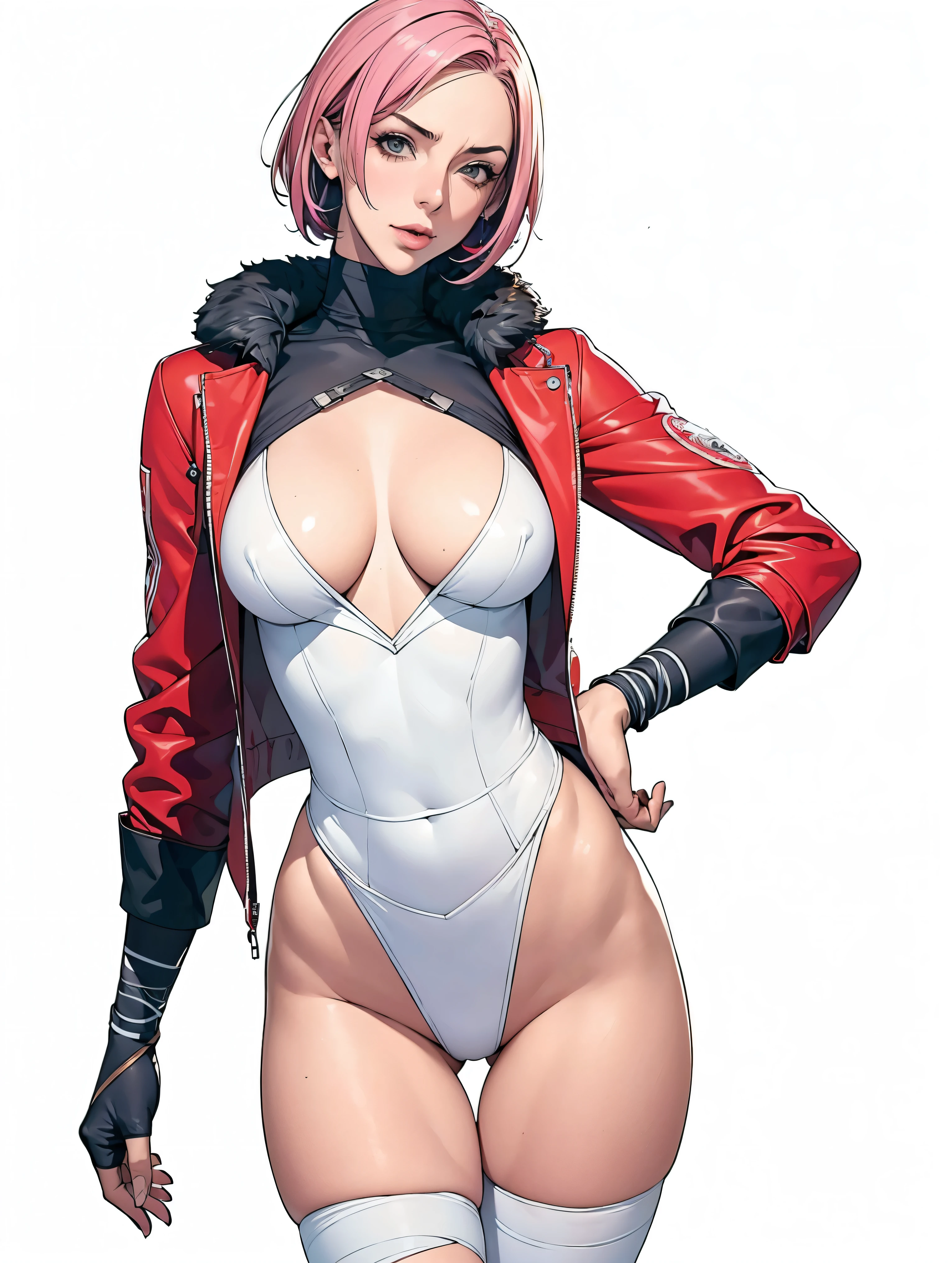 (((Annie Lennox))), (((colorful suit))), (scars), (((bandaged arms))), (((colorful clothes))) (( hood)), (((best quality: 1.4))), (Unbeatable masterpiece), (hyper HD),(CG 8k hyper-realistic), beautiful face, (((breasts big))), (((hyper feminine))), sexly girl, black tattoo,(ultra short red hair with white highlights)), ((( sculptural body ))), (((1 Kizi))), Kizi tatuada de 25 anos com perfect body,,Beautiful and well-groomed face,muscular body:1.2,solid color detailed jacket, (Head to thigh photos), Complex equipment, ,Tight clothes,With white stars and off-white stripes,,,,,Armor Metal Electronic Parts, Poison tattoos ) INFO, Kizi, (((standing alone))), , 24歳, sexy, pose de attitude, work of art, dancing, ((slight smile)), post-apocalypse, (((manga style))), bounty hunter, the way you want, perfect body, roupa moderna, advanced technology, white, yellow accent, black, red accent, fur collar jacket, sleeves with vertical striped pattern, background city, (( cowboy shot )). intricate visual, narrow waist, (((wide hips))), wide hips, fit thighs, (((thigh gap))), Thigh gap, background shows a futuristic airplane, open expression, expression happy