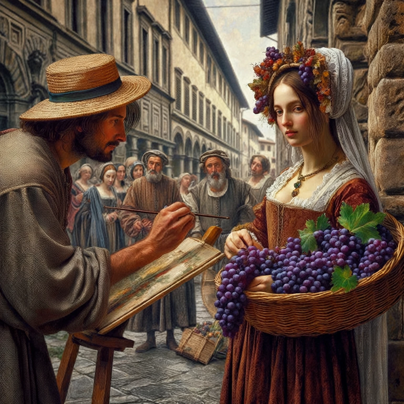 painting of a man and woman in renaissance dress with grapes in a basket, renaissance digital painting, in a renaissance style, in a high renaissance style, renaissance style painting, in renaissance style, inspired by Filippino Lippi, in da vinci style, by Carlo Mense, realistic renaissance portrait, renaissance painting style, renaissance art style, renaissance!!! painting!!!