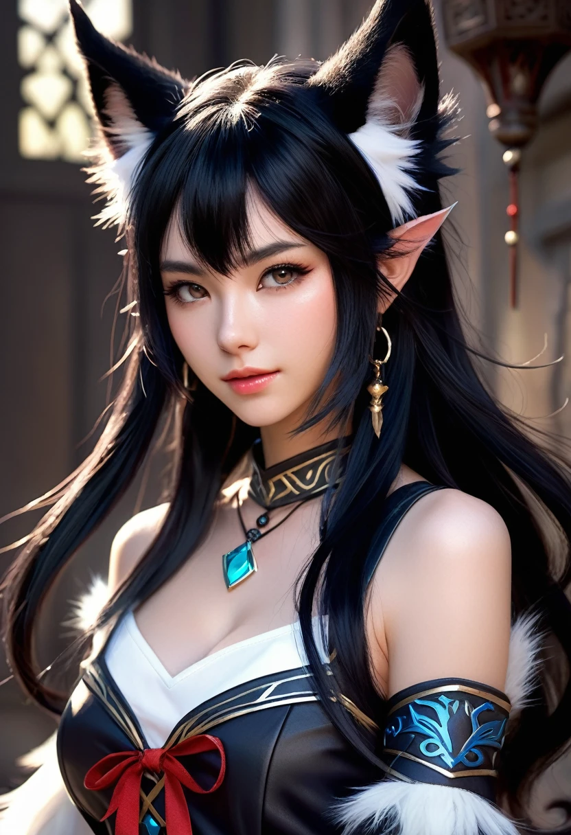 Monster Girl, Cat ear,20th Generation, Summoner,Beast Charmer,Realistic Women, Black Hair,cute