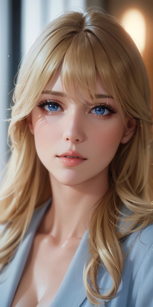 Elegant mature woman, blue eyes, blonde hair, bangs, soft light, 4k resolution, high quality, beautiful cg