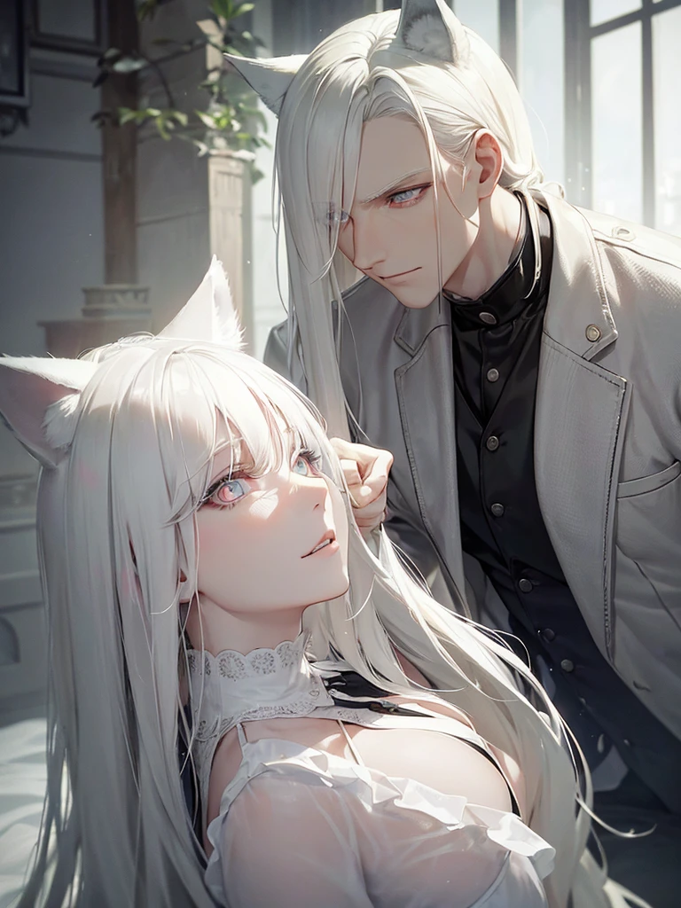 A psychologist man with wolf ears, beautiful albino eyes, high, 28 years. together with a beautiful albino blonde woman
