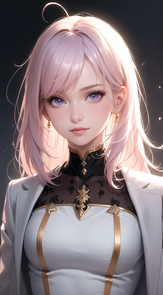 (masterpiece, best quality), intricate details, thin, ((slim)), beautiful girl, Light pink hair, white skin, light purple eyes, sharp jawline, cropped jacket, messy hair, lips, upper body, close up, smirk