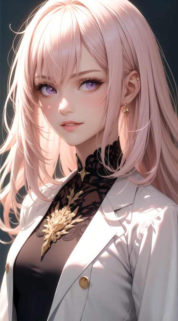 (masterpiece, best quality), intricate details, thin, ((slim)), beautiful girl, Light pink hair, white skin, light purple eyes, sharp jawline, cropped jacket, messy hair, lips, upper body, close up, smirk