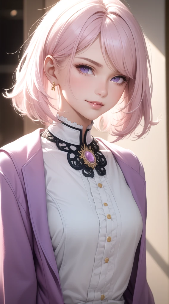 (masterpiece, best quality), intricate details, thin, ((slim)), beautiful girl, Light pink hair, white skin, light purple eyes, sharp jawline, cropped jacket, messy hair, lips, upper body, close up, smirk