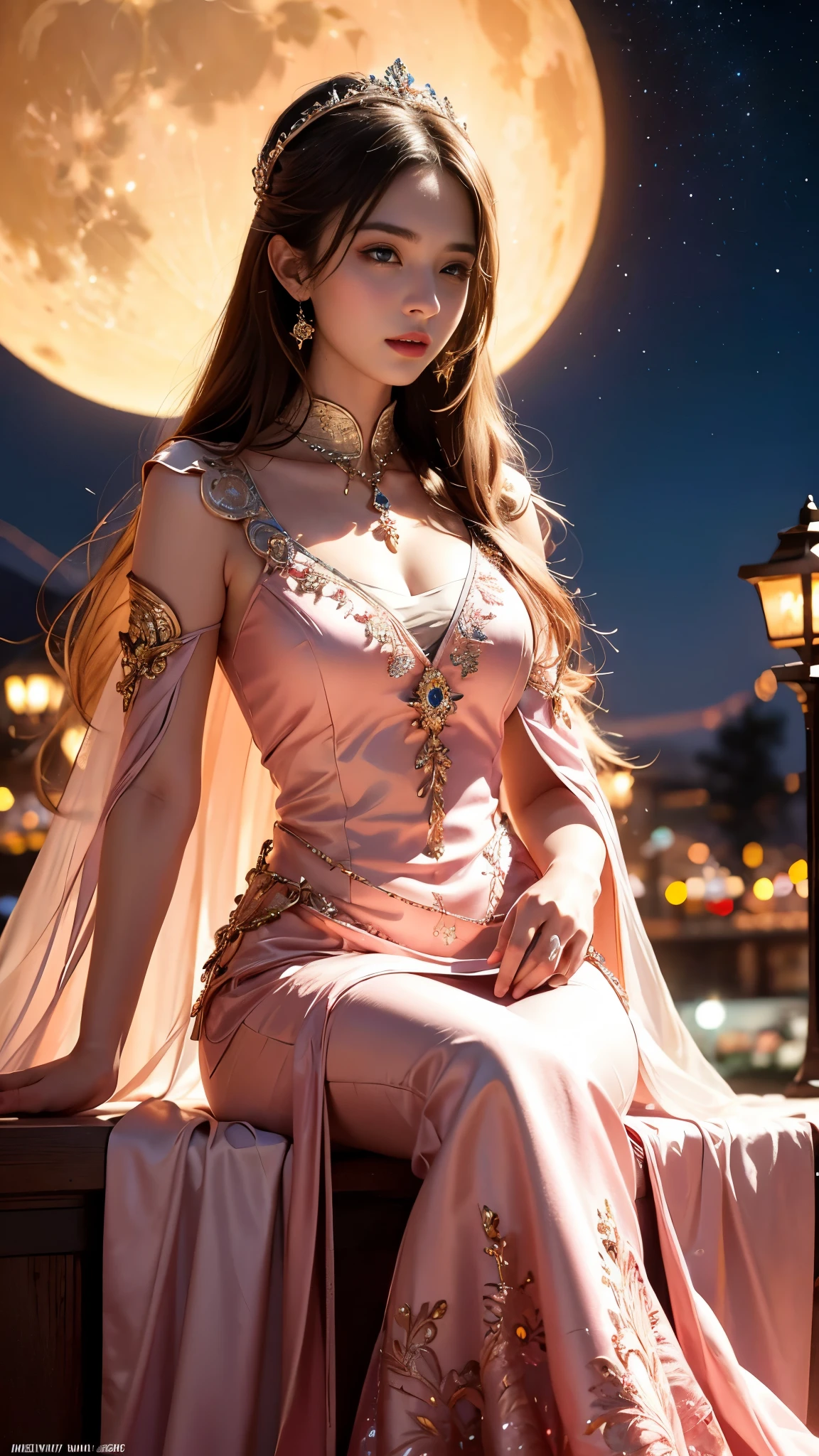 8K ultra hd, masterpiece,1 girl, ((realistic face)), detailed eyes, ((very long hair)), flowing hair, small breasts, royal dress, decorated dress, magenta and white dress, anitque jwellery, detailed lacing, flowing cape, bare navel, moon light, amazing night outdoor, spot lights, glowing lights, depth of field, ray tracing, bloom, realistic shadow, tyndal effect, spreding, lights, looking at the audience,