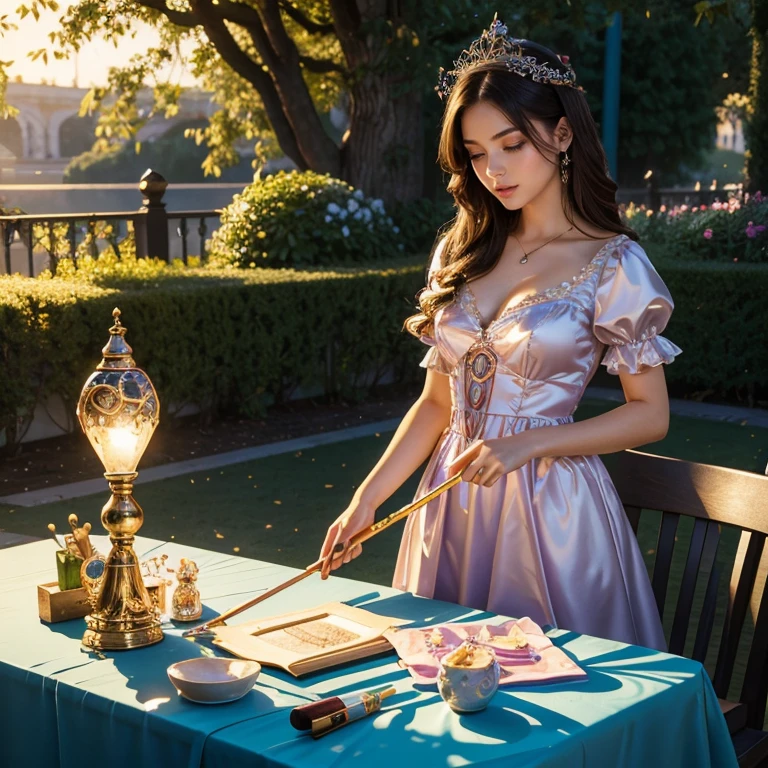 (masterpiece, best quality:1.5), highest quality, High resolution, super detailed, Realists, Upper body photo of a brunette young magical girl, detailed and beautiful eyes, beautiful detailed lips, very detailed eyes and face, longeyelashes, shiny satin dress, Holding a magic wand in your hand, Cast a transformation spell, With her stick she turns stones into sweet cakes, Glowing wands available,Beautiful and colorful makeup, elegant and noble々The jewelry bag, Gardens as background, soft daylight, bright colors, fine brushstrokes, Portrait style, Silk dress fabric, beautiful color palette, glowing skin, First-class rendering, that captures every detail, enchanting atmosphere, subtle shadows and lights, (perfect anatomy:1.2), (The stunning Magical Girl turns stones into sweet cakes. Cakes on the table(a transformation with the magic wand:1.4), (magnificent panorama view:1.2)