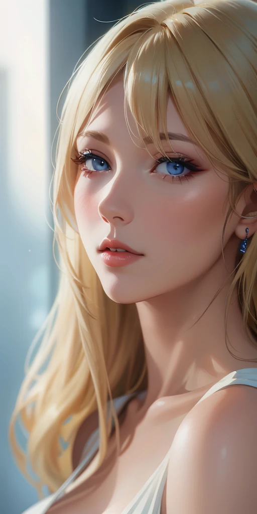 Elegant mature woman, blue eyes, blonde hair, bangs, soft light, 4k resolution, high quality, beautiful cg