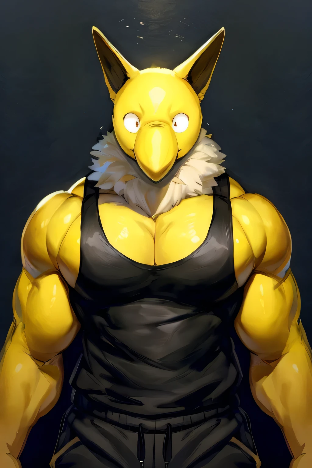 Furry, Anthro, solo, Hypno, Male, (((muscular body, massive thighs, massive male pectorals, fluffy neck, yellow skin, wearing black tanktop, wearing black sweatpants))), ((((massive biceps)))), ((((((massive bulky torso, wide-eyed, head tilted, facing viewer)))))), black/yellow spraypainted background, by buta99, by zackary911, by bebebebebe, (((digital painting)))