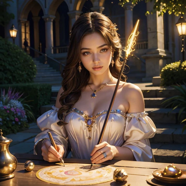 (masterpiece, best quality:1.5), highest quality, High resolution, super detailed, Realists, Upper body photo of a brunette young magical girl, detailed and beautiful eyes, beautiful detailed lips, very detailed eyes and face, longeyelashes, shiny satin dress, Holding a magic wand in your hand, Cast a transformation spell, With her stick she turns snakes into butterflies, Glowing wands available,Beautiful and colorful makeup, elegant and noble々The jewelry bag, Gardens as background, soft daylight, bright colors, fine brushstrokes, Portrait style, Silk dress fabric, beautiful color palette, glowing skin, First-class rendering, that captures every detail, enchanting atmosphere, subtle shadows and lights, (perfect anatomy:1.2), (The stunning Magical Girl turns snakes into butterflies. Transforming Snake On the Table(a transformation with the magic wand:1.4), (magnificent panorama view:1.2)