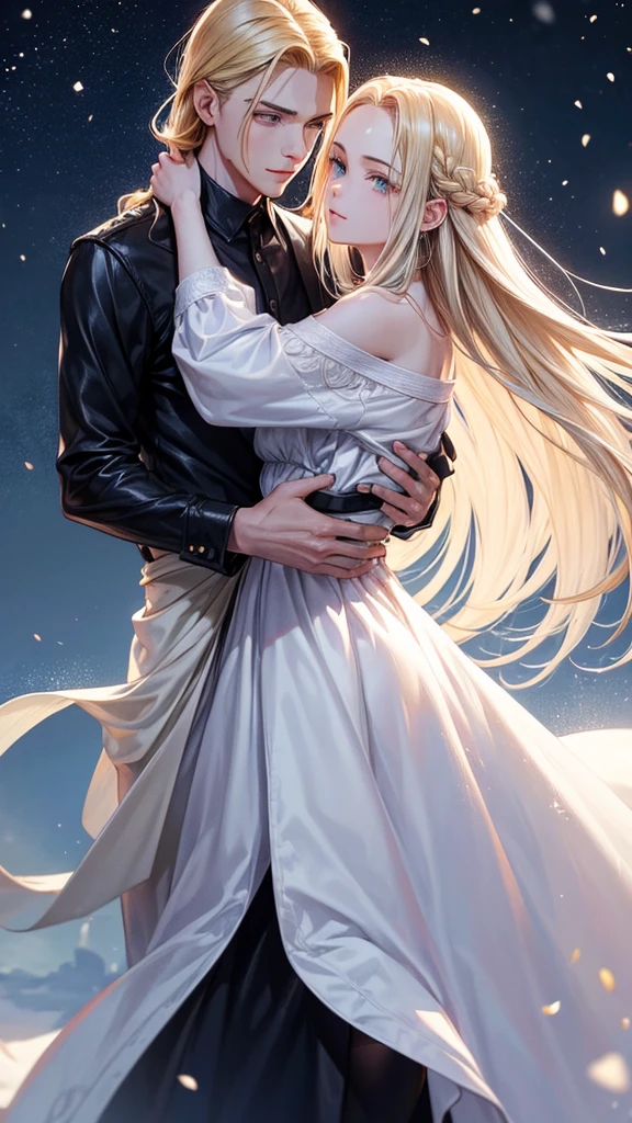 young adult man, Realistic style, medium long blonde hair slicked back, gold eyes, snow white skin, with calm facial expression and dressed in casual clothing, while dancing in the moonlight with a black-haired girl, long and loose and blue eyes, with a white dress off the shoulders, with calm look, little smile. he carries her in his arms, with their foreheads and heads united, looking very in love.