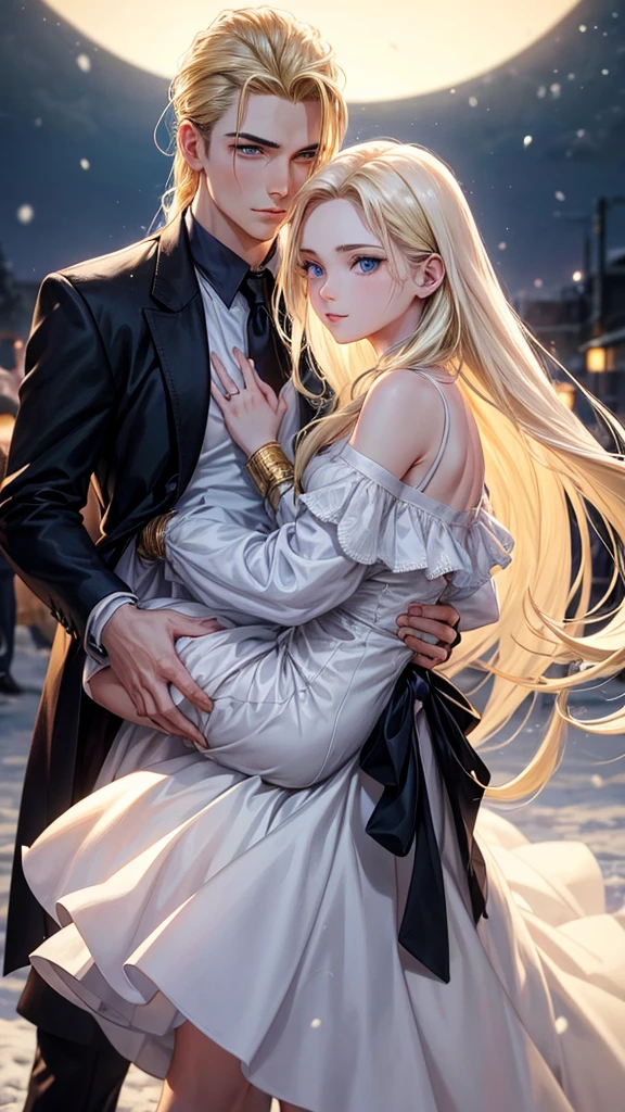 young adult man, Realistic style, medium long blonde hair slicked back, gold eyes, snow white skin, with calm facial expression and dressed in casual clothing, while dancing in the moonlight with a black-haired girl, long and loose and blue eyes, with a white dress off the shoulders, with calm look, little smile. he carries her in his arms, with their foreheads and heads united, looking very in love.