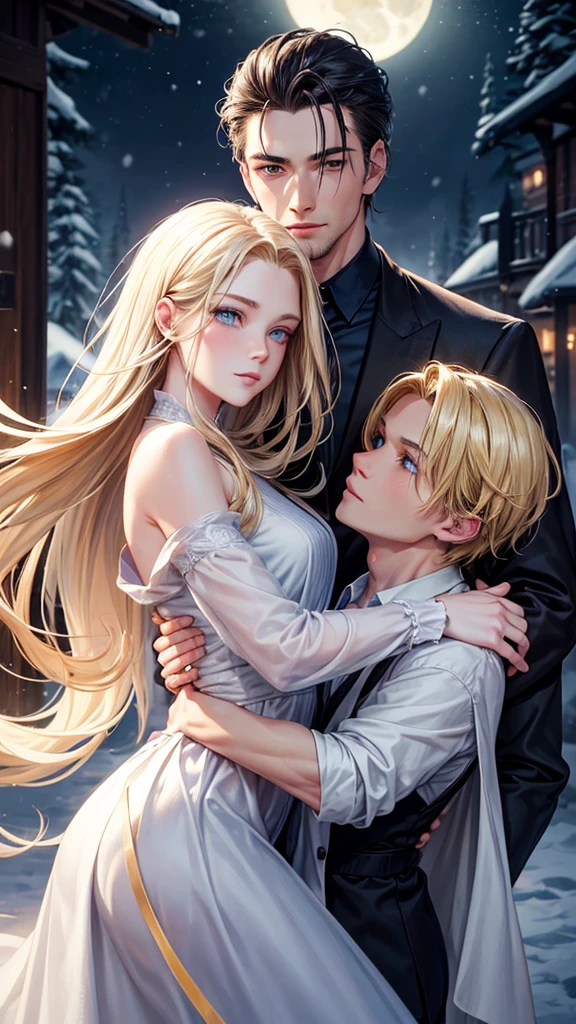 young adult man, Realistic style, medium long blonde hair slicked back, gold eyes, snow white skin, with calm facial expression and dressed in casual clothing, while dancing in the moonlight with a black-haired girl, long and loose and blue eyes, with a white dress off the shoulders, with calm look, little smile. he carries her in his arms, with their foreheads and heads united, looking very in love.