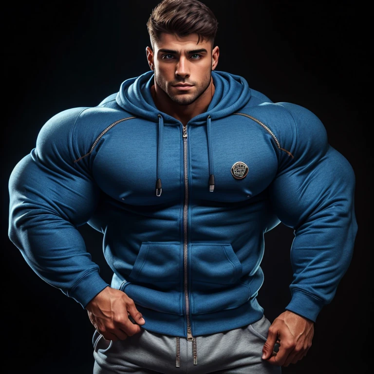 a very handsome young man, simple blue sweatshirt with long sleeves, extremely handsome, very muscular, with very large muscles, defined and muscular body, on a black background