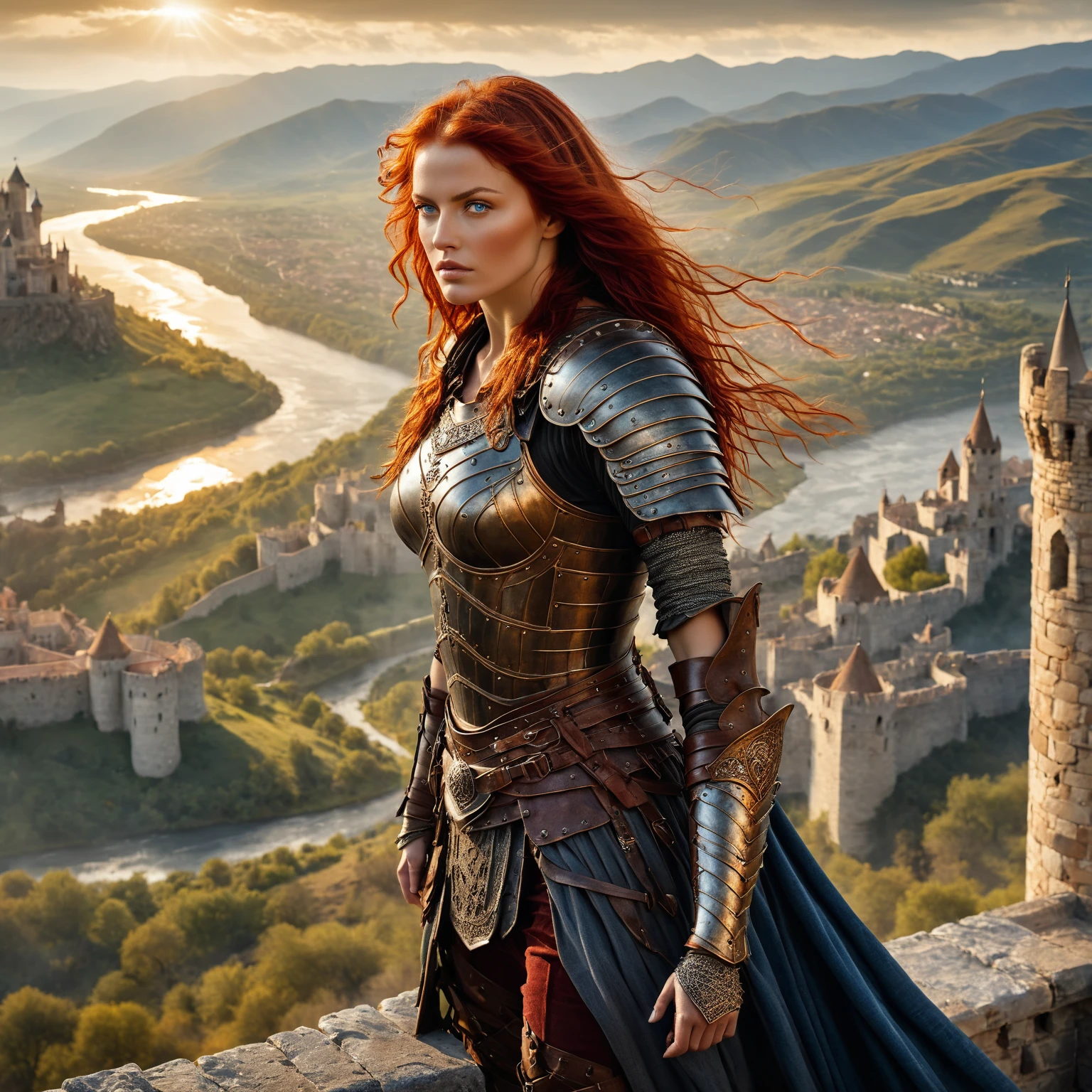 birds eye view of a beautiful warrior woman standing high above on a castle parapet, with a view of the surrounding area, wearing leather armor, red hair blowing in the wind, blue eyes, rivers and mountains, golden hour, art by Luis Royo . shallow depth of field, vignette, highly detailed, high budget, bokeh, cinemascope, moody, epic, gorgeous
