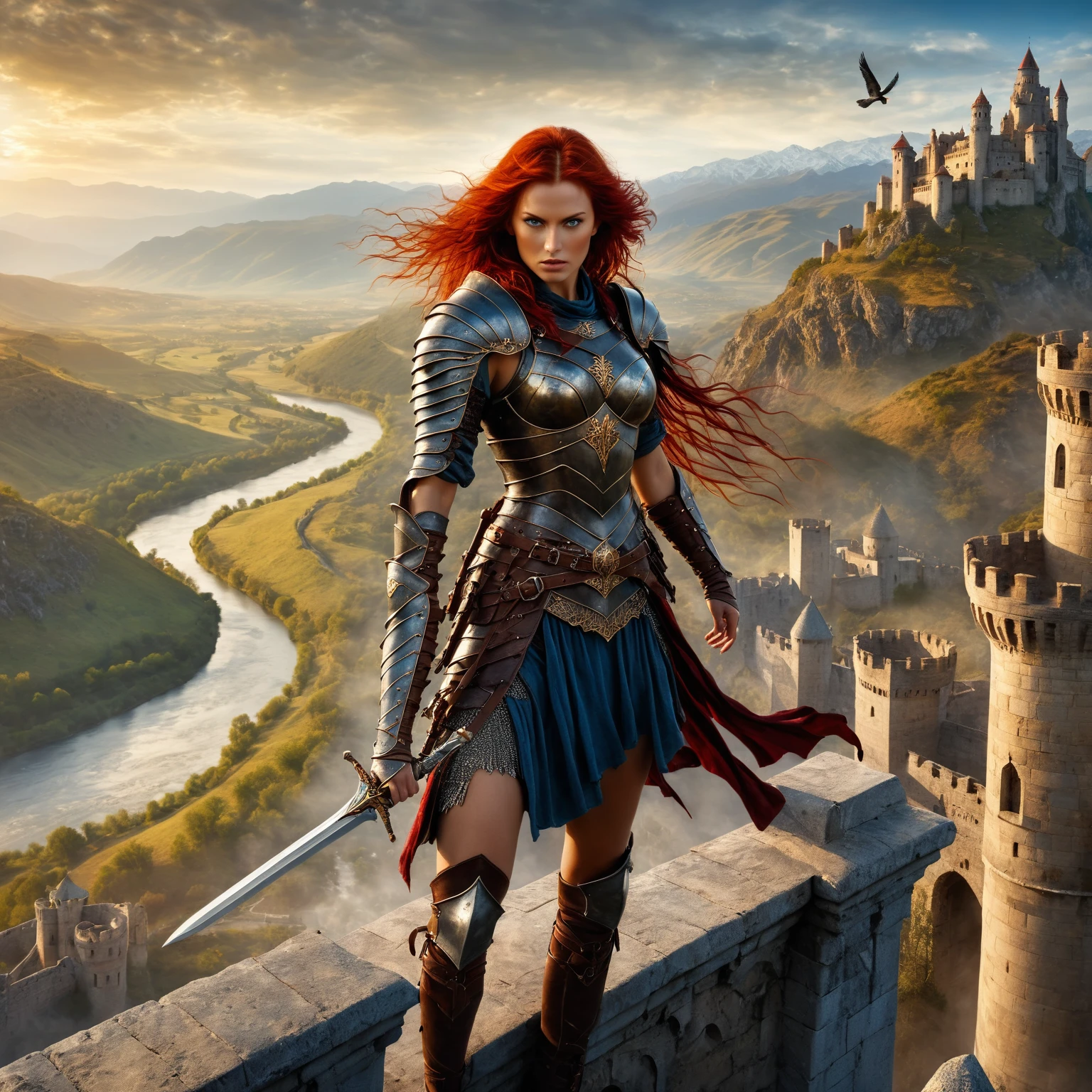 birds eye view of a beautiful warrior woman standing high above on a castle parapet, with a view of the surrounding area, wearing leather armor, red hair blowing in the wind, blue eyes, rivers and mountains, golden hour,  art by Luis Royo . shallow depth of field, vignette, highly detailed, high budget, bokeh, cinemascope, moody, epic, gorgeous
 