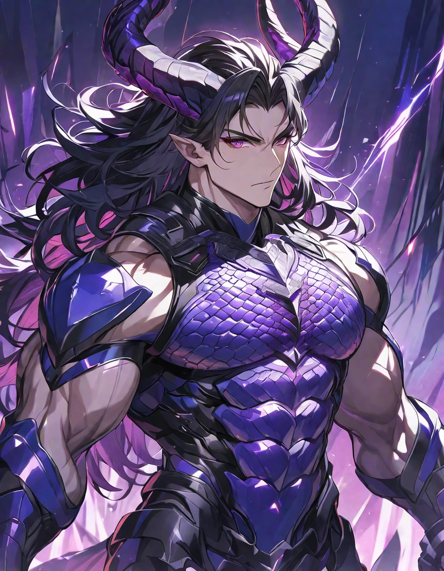 One, good looking, 1 person, Sporty body, V-shaped body, Detailed armor in black with purple glittering details, black demon horns, Long Hair, Black Hair, Reddish purple color of reptile eyes, Purple thread, Black light,Muscular boy,Huge penis,Huge muscles,Being raped,Orgy,Devil&#39;s Wings,Evil Eye,A deep kiss,Saliva exchange,Young boy,3boys,