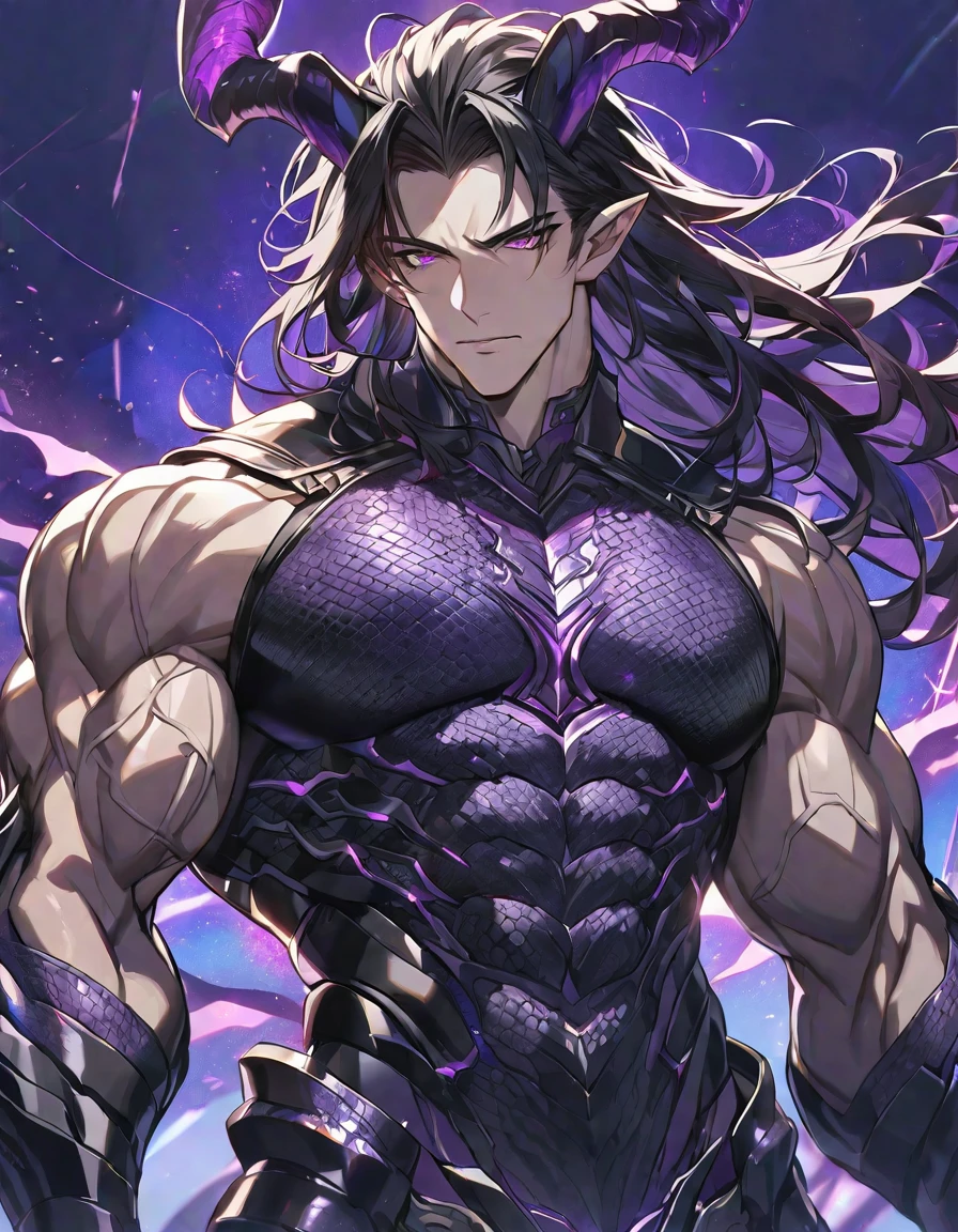 One, good looking, 1 person, Sporty body, V-shaped body, Detailed armor in black with purple glittering details, black demon horns, Long Hair, Black Hair, Reddish purple color of reptile eyes, Purple thread, Black light,Muscular boy