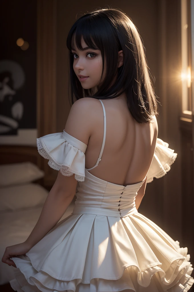 (work of art:1.2), best qualityer, (ultra detali), hyper details, (details Intricate), (cinematic light, best qualityer Backlights), from low, perfectbody,), Bblack hair, hazel eyes, Pharaoh, in the dark, glare eyes, animatronic, large breasted, ssmile, kiss, white skirt with ruffles,
