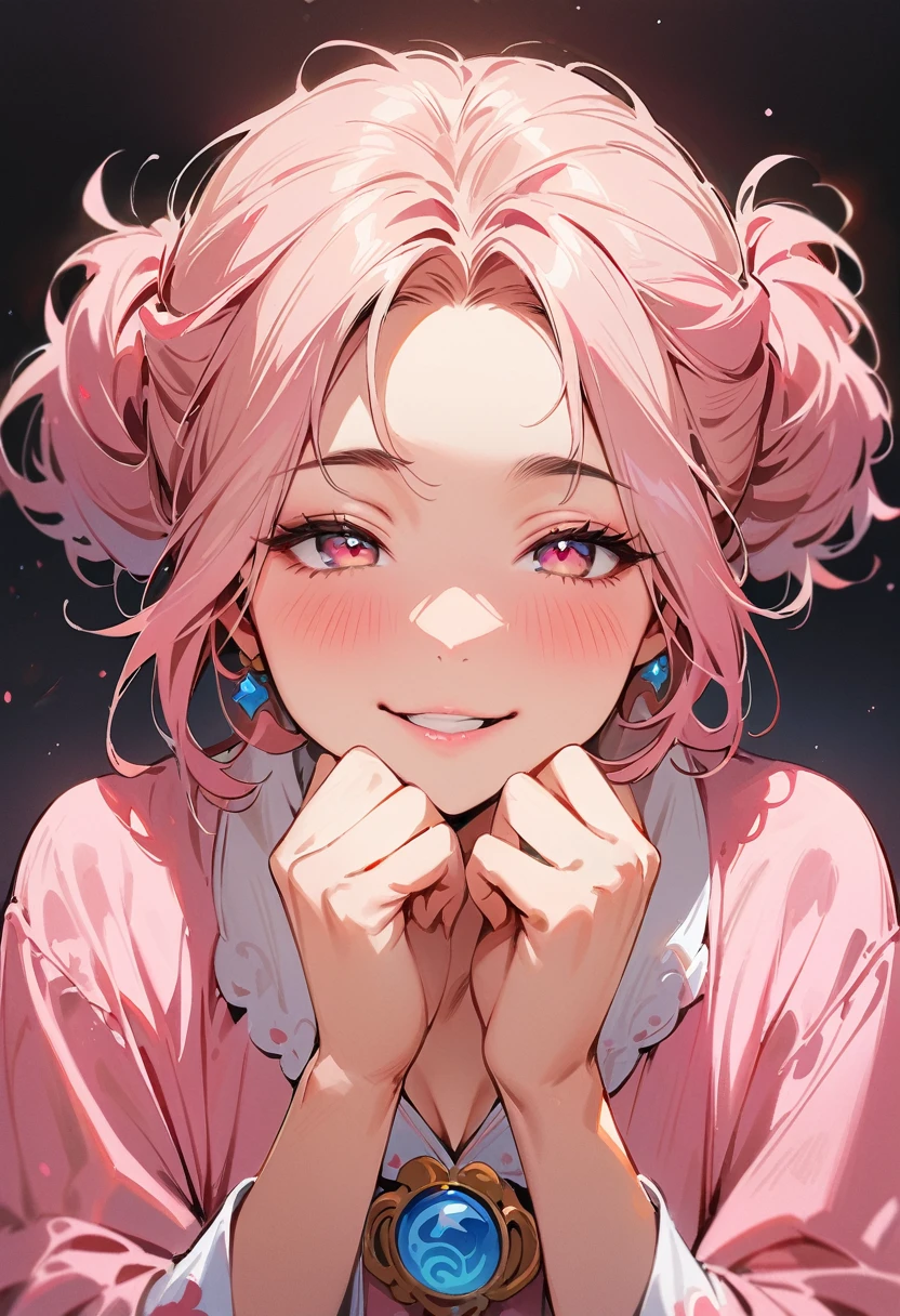 (masterpiece, best quality:1.4), 1 girl, 独奏, Pink love pupils, Blurred eyes, Smile, Look up and down, Pink lower lip, Holding face with hands, Pink short hair, Messy hairstyle, Royal sister, Pink pajamas, Vision, black background.