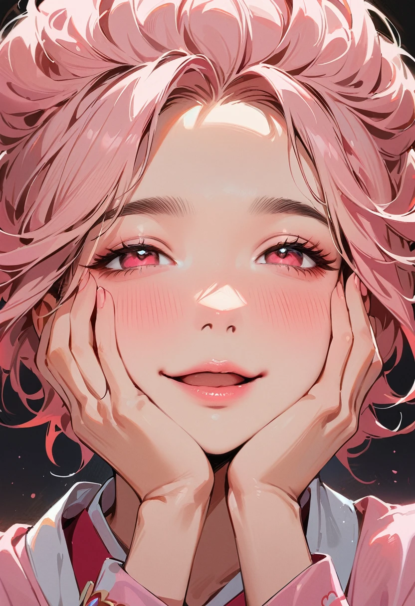 (masterpiece, best quality:1.4), 1 girl, 独奏, Pink love pupils, Blurred eyes, Smile, Look up and down, Pink lower lip, Holding face with hands, Pink short hair, Messy hairstyle,  Royal sister, Pink pajamas, Vision, black background.