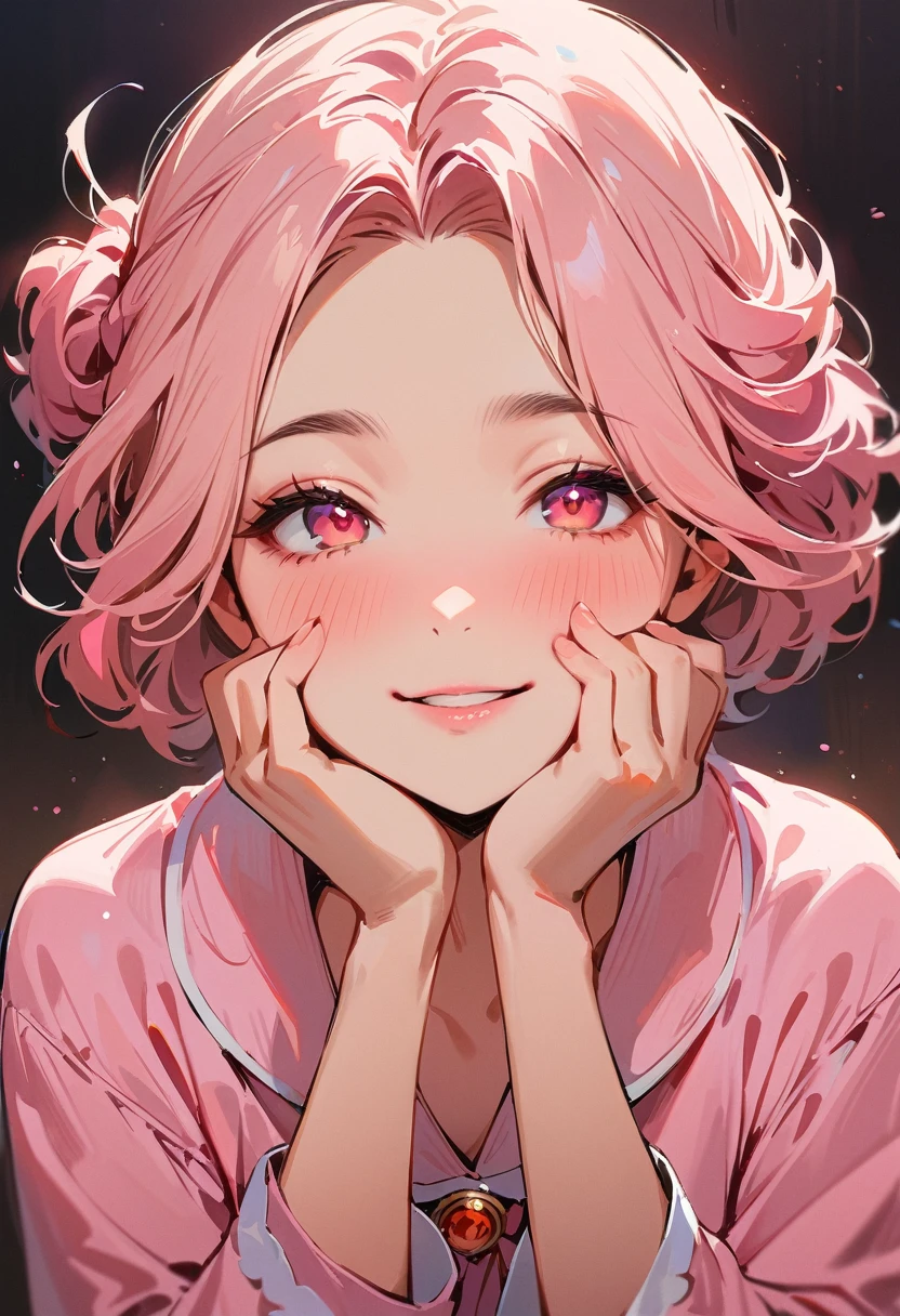 (masterpiece, best quality:1.4), 1 girl, 独奏, Pink love pupils, Blurred eyes, Smile, Look up and down, Pink lower lip, Holding face with hands, Pink short hair, Messy hairstyle,  Royal sister, Pink pajamas, Vision, black background.
