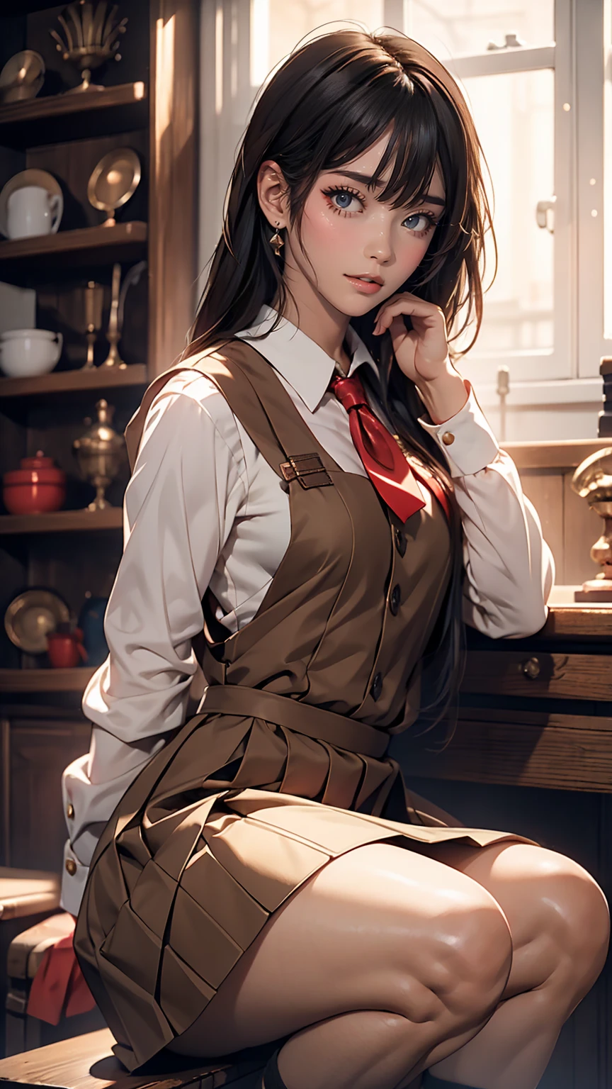 beautiful, masterpiece, best quality, very detailed face, perfect lighting, one girl, alone, matoi ryuuko b, senketsu, suspender skirt, squat,blush, cowboy shot