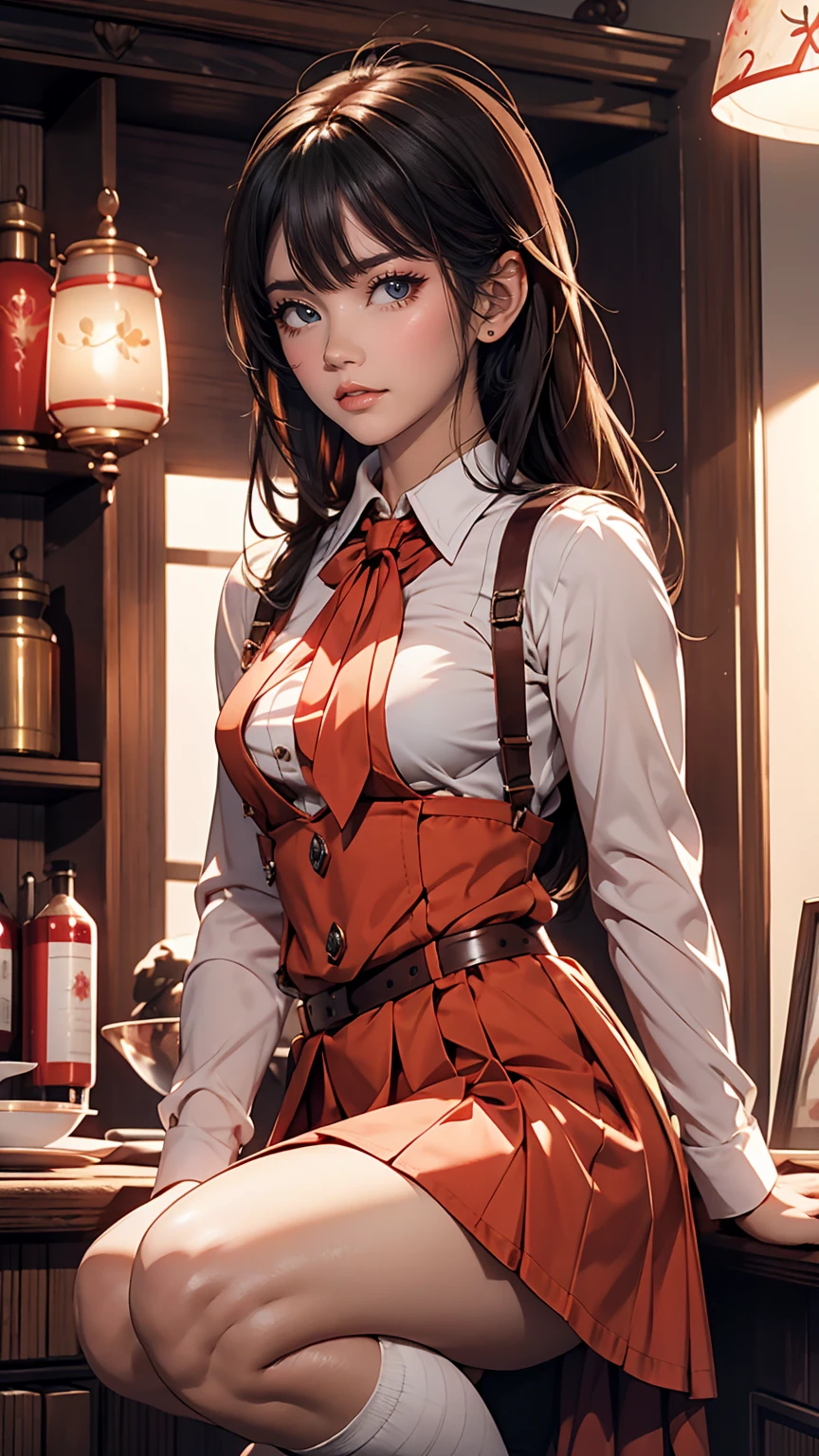 beautiful, masterpiece, best quality, very detailed face,  perfect lighting, one girl, alone,  matoi ryuuko b, senketsu, suspender skirt, squat,blush,  cowboy shot