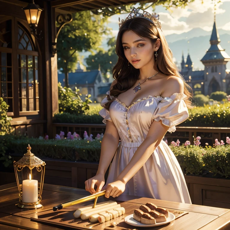 (masterpiece, best quality:1.5), highest quality, High resolution, super detailed, Realists, Upper body photo of a brunette young magical girl, detailed and beautiful eyes, beautiful detailed lips, very detailed eyes and face, longeyelashes, shiny satin dress, Holding a magic wand in your hand, Cast a transformation spell, With her stick she turns bananas into sausages, Glowing wands available,Beautiful and colorful makeup, elegant and noble々The jewelry bag, Gardens as background, soft daylight, bright colors, fine brushstrokes, Portrait style, Silk dress fabric, beautiful color palette, glowing skin, First-class rendering, that captures every detail, enchanting atmosphere, subtle shadows and lights, (perfect anatomy:1.2), (The stunning Magical Girl turns bananas into sausages. Sausages on the table(a transformation with the magic wand:1.4), (magnificent panorama view:1.2)