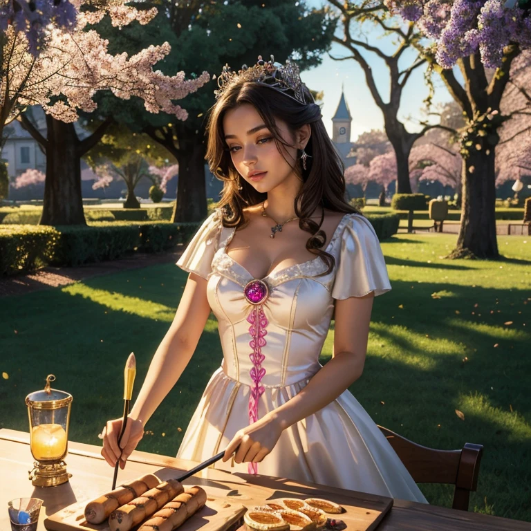 (masterpiece, best quality:1.5), highest quality, High resolution, super detailed, Realists, Upper body photo of a brunette young magical girl, detailed and beautiful eyes, beautiful detailed lips, very detailed eyes and face, longeyelashes, shiny satin dress, Holding a magic wand in your hand, Cast a transformation spell, With her stick she turns bananas into sausages, Glowing wands available,Beautiful and colorful makeup, elegant and noble々The jewelry bag, Gardens as background, soft daylight, bright colors, fine brushstrokes, Portrait style, Silk dress fabric, beautiful color palette, glowing skin, First-class rendering, that captures every detail, enchanting atmosphere, subtle shadows and lights, (perfect anatomy:1.2), (The stunning Magical Girl turns bananas into sausages. Sausages on the table(a transformation with the magic wand:1.4), (magnificent panorama view:1.2)