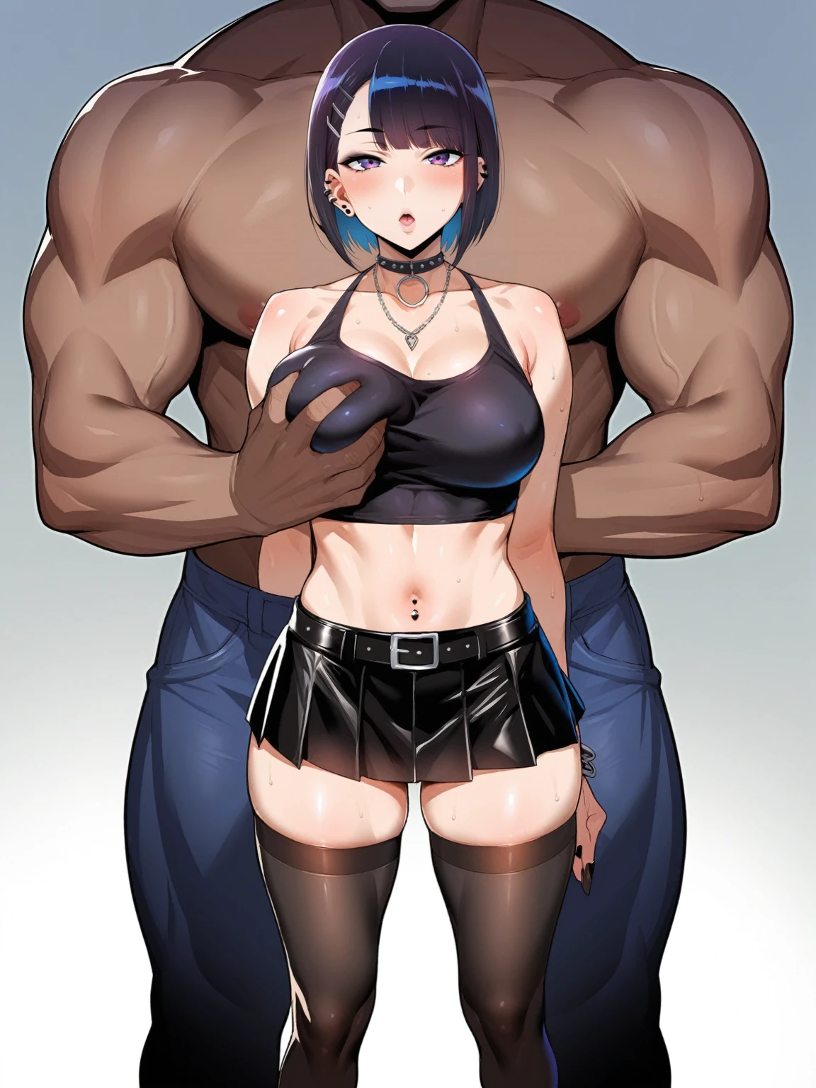 source_anime, rating_explicit, score_9, score_8_up, score_7_up, black_hair, goth, gothic, short_hair, looking at viewer, crop top, skirt, thighhighs, black clotges, goth girl, ikuchan, 2boys, mmf, standing side by side, faceless male, ), muscular male, ((size difference)), clothed, gyaru fashion, breast grab, cuckold pov, ((netorare)), ntr, cuck, cuckolding