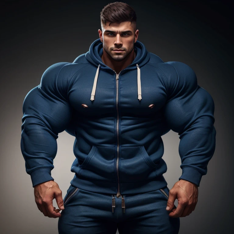 a very handsome young man, simple blue sweatshirt with zipper and long sleeves, extremely handsome, very muscular, with very large muscles, defined and muscular body, on a black background