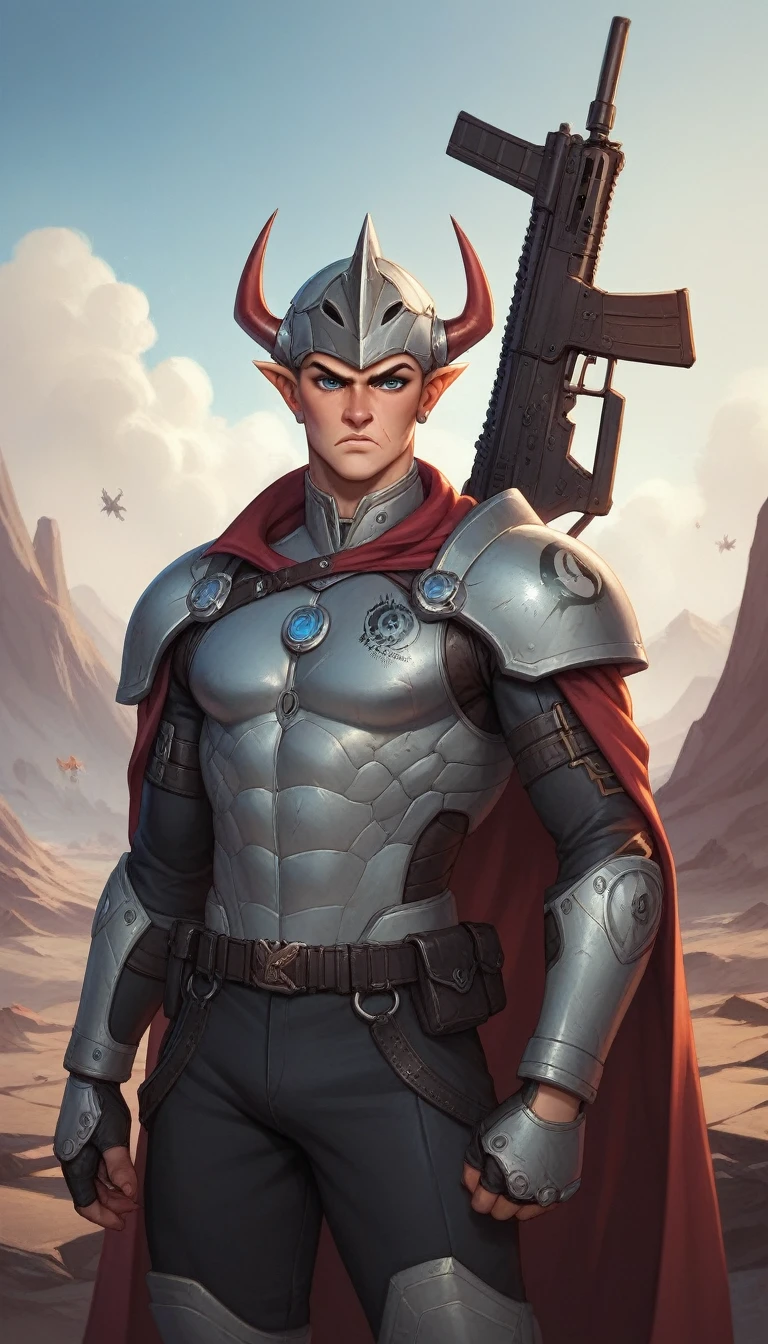 futuristic commander-shooter from a distant future. He is wearing high-tech, battle-worn armor adorned with futuristic symbols. His stern, determined face is visible, with short-cropped hair and battle scars. He holds an advanced energy rifle equipped with high-tech sights and gadgets. The background features a post-apocalyptic landscape with ruined buildings and smoldering wreckage, creating an epic battle atmosphere. A cloak billows behind him, symbolizing his leadership and resilience. His technological helmet is off and attached to his belt, showing his readiness for any situation.