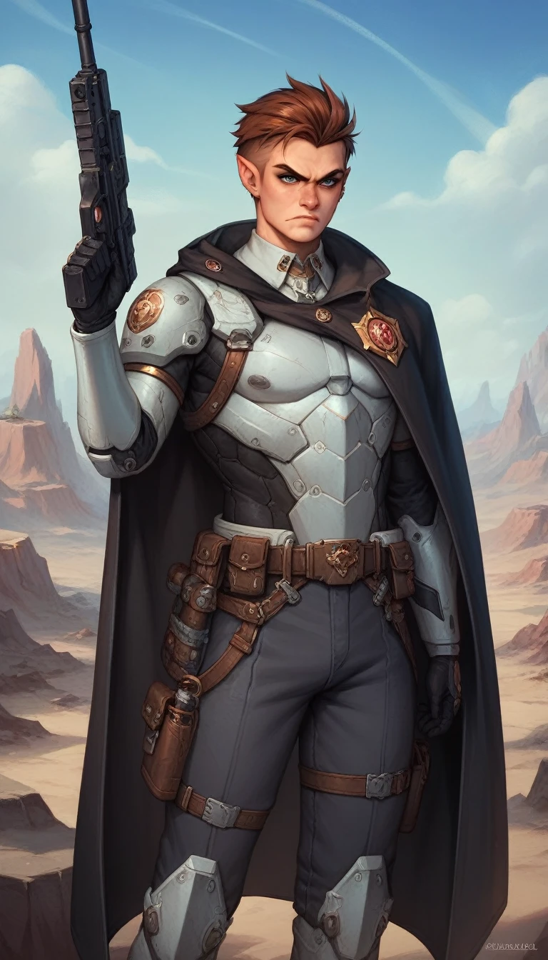 futuristic commander-shooter from a distant future. He is wearing high-tech, battle-worn armor adorned with futuristic symbols. His stern, determined face is visible, with short-cropped hair and battle scars. He holds an advanced energy rifle equipped with high-tech sights and gadgets. The background features a post-apocalyptic landscape with ruined buildings and smoldering wreckage, creating an epic battle atmosphere. A cloak billows behind him, symbolizing his leadership and resilience. His technological helmet is off and attached to his belt, showing his readiness for any situation.