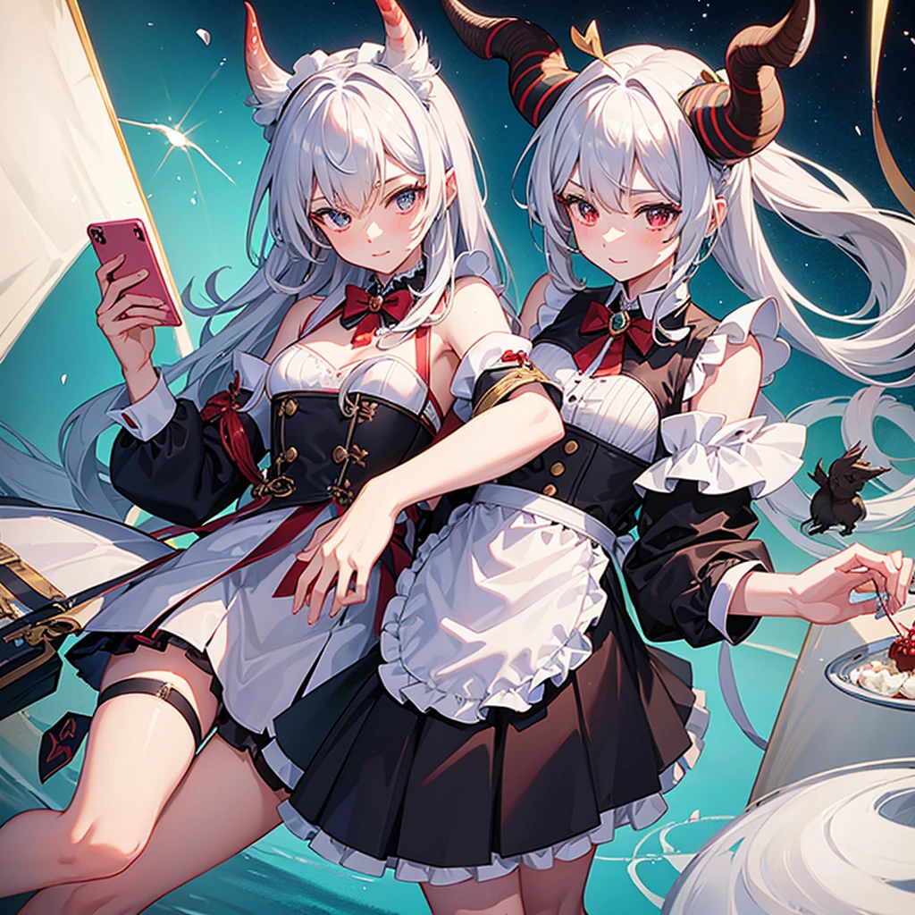 Ganyu, girl, horns, maid uniform, smartphone in hand,