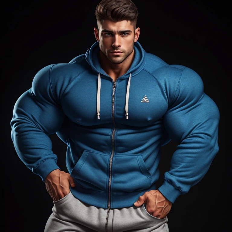 a very handsome young man, simple blue sweatshirt with zipper and long sleeves, extremely handsome, very muscular, with very large muscles, defined and muscular body, on a black background