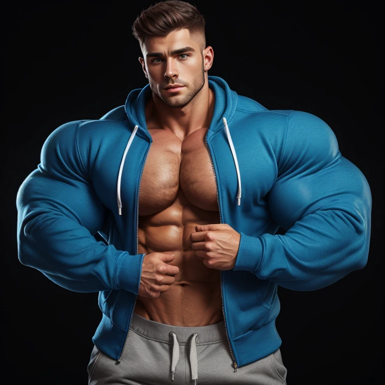 a very handsome young man, simple blue sweatshirt with zipper and long sleeves, extremely handsome, very muscular, with very large muscles, defined and muscular body, on a black background