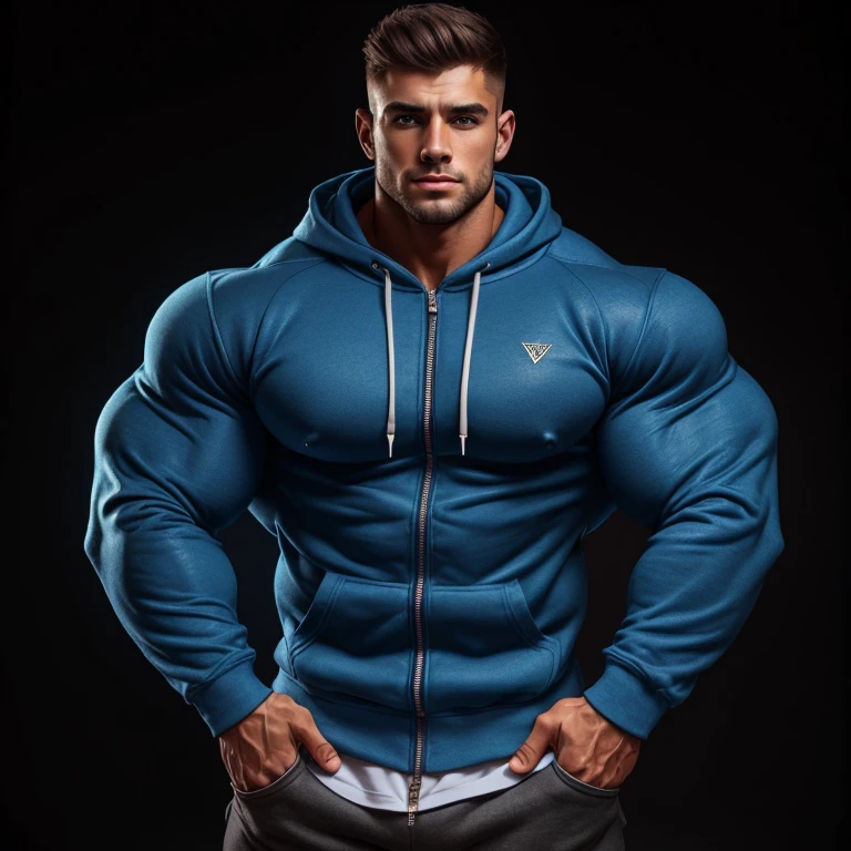 a very handsome young man, simple blue sweatshirt with zipper and long sleeves, extremely handsome, very muscular, with very large muscles, defined and muscular body, on a black background