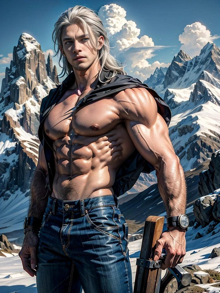 (masterpiece of the highest quality, Best quality, Official art, male:1,2 ), (1 male), muscular:1,3), Bright, with the smallest details, he has long silver hair and blue eyes, a clean-shaven face, mountains in the background, the god of men; Physique, black trousers.