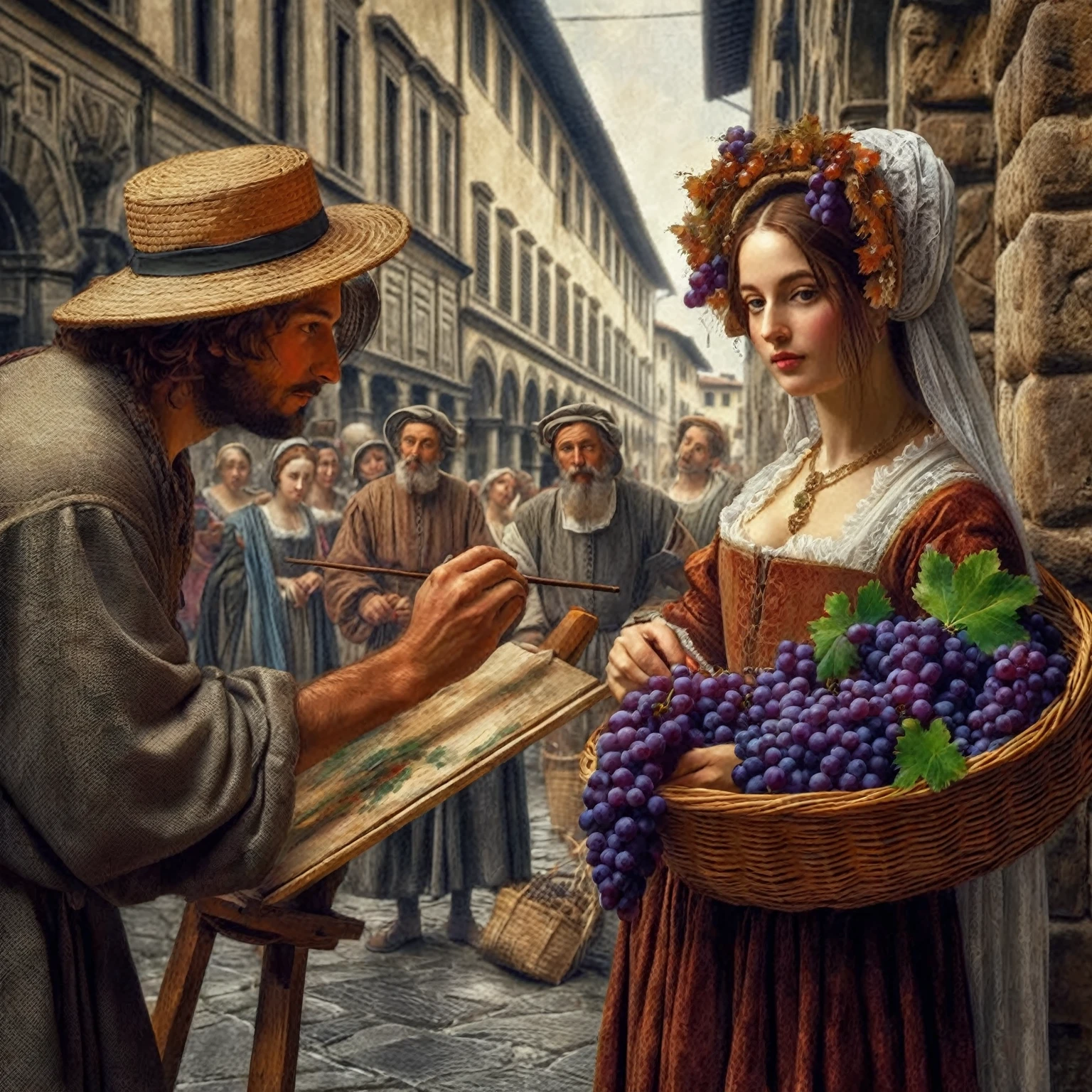 historical reconstruction: a street artist paints a peasant woman posing for him with a basket full of grapes, on one of the streets of Florence in 1524. a digital painting of an, inspired by Michelangelo, old school classicism craftsmanship, recreation of the style of clothing and surroundings of the Renaissance era, masterful rendering of chiaroscuro, daylight, natural paints, Art on canvas, detail, intense look, Baroque digital painting, Beautiful intricate painting.
