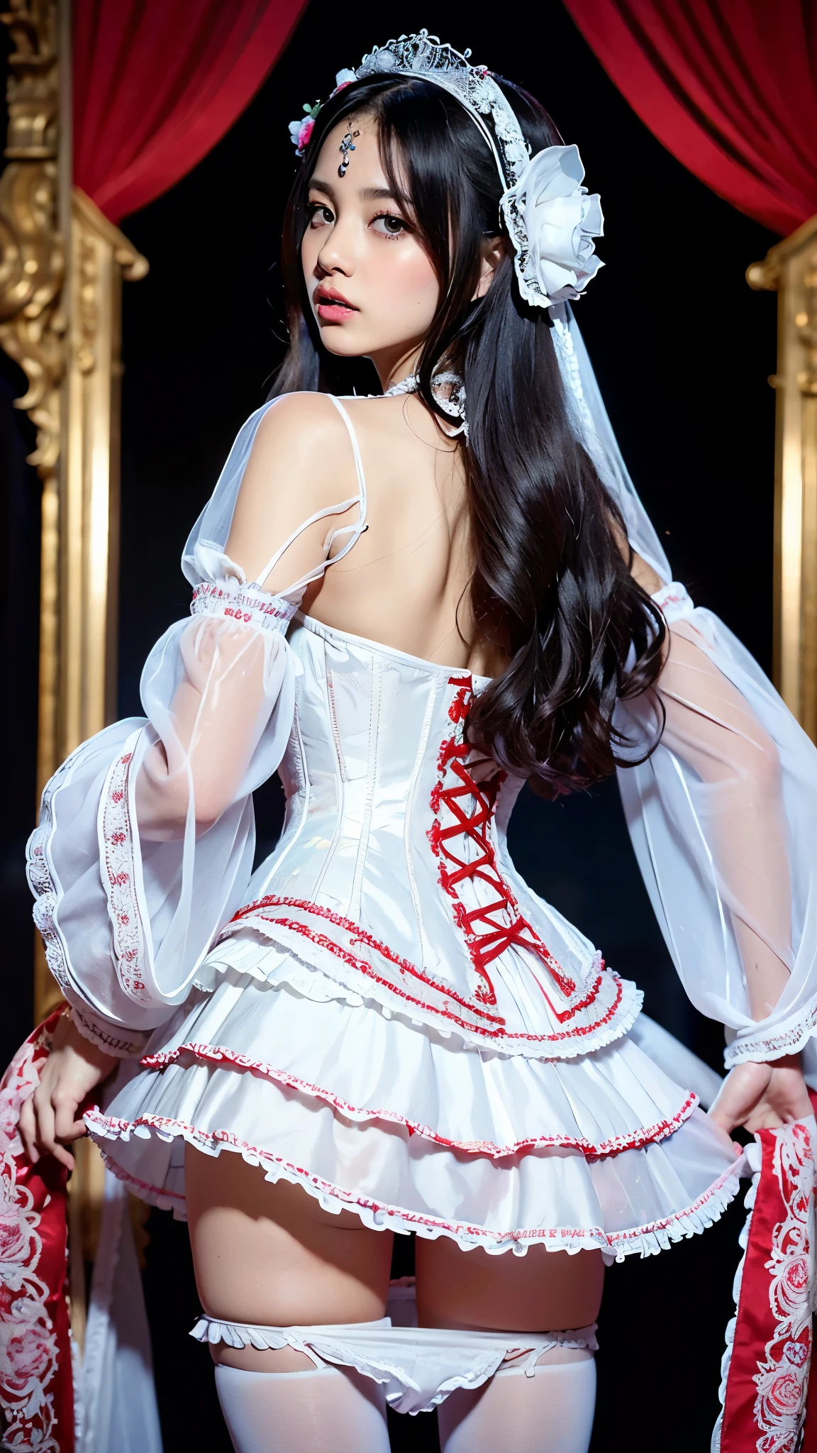 ((extremely detailed CG unity 8k wallpaper)), masterpiece, ultra-detailed, floating, high resolution, sexually suggestive, (petite, absurdly long white hair, princess, white mage, blue eyes, (ornate long white and red see through layered long dress with long detached wide sleeves and intricate embroidery), bridal veil, circlet, bridal gauntlets, blushing, shy, arched back, ruffled petticoat, ornate corset, Rose for Blackpink.
