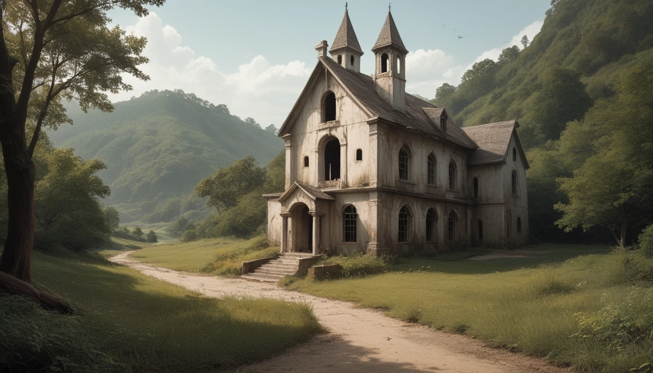 An old abandoned mansion on a hill, PICTURE REALISTIC, high resolution, 8k 
