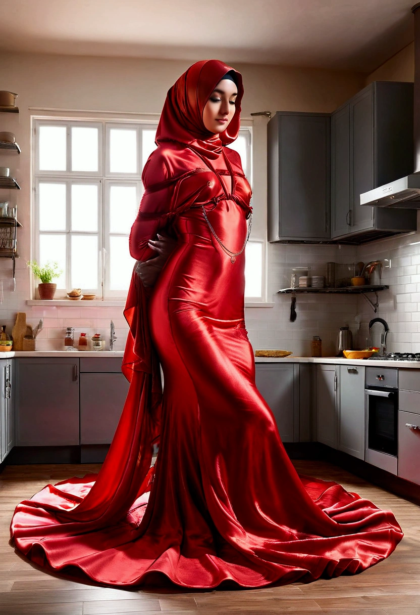 An alluring woman shrouded in a 4-meter-long, plush red satin cloth, tightly bound and grandly draping along the form of her body, flowing off into a pooled floor-length train, styled in a mermaid-inspired outfit, her head modestly veiled in a satin hijab, in a kitchen, a full-body pose conveying a sense of mysterious elegance, captured in a 4k resolution, ultra-realistic