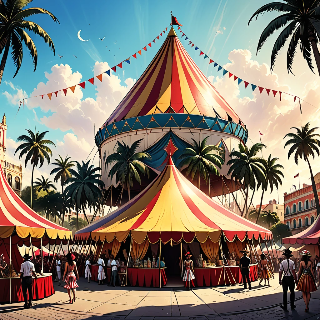 circus dome on the square of a tropical city, palm trees, street, people, magician, clowns, gypsy dancers, lion in a cage, city square, graphic style of novel comics, 2d, 8k, hyperrealism, masterpiece, high resolution, best quality, ultra-detailed, super realistic, Hyperrealistic art, high-quality, ultra high res, highest detailed, lot of details, Extremely high-resolution details, incredibly lifelike, colourful, soft cinematic light,
